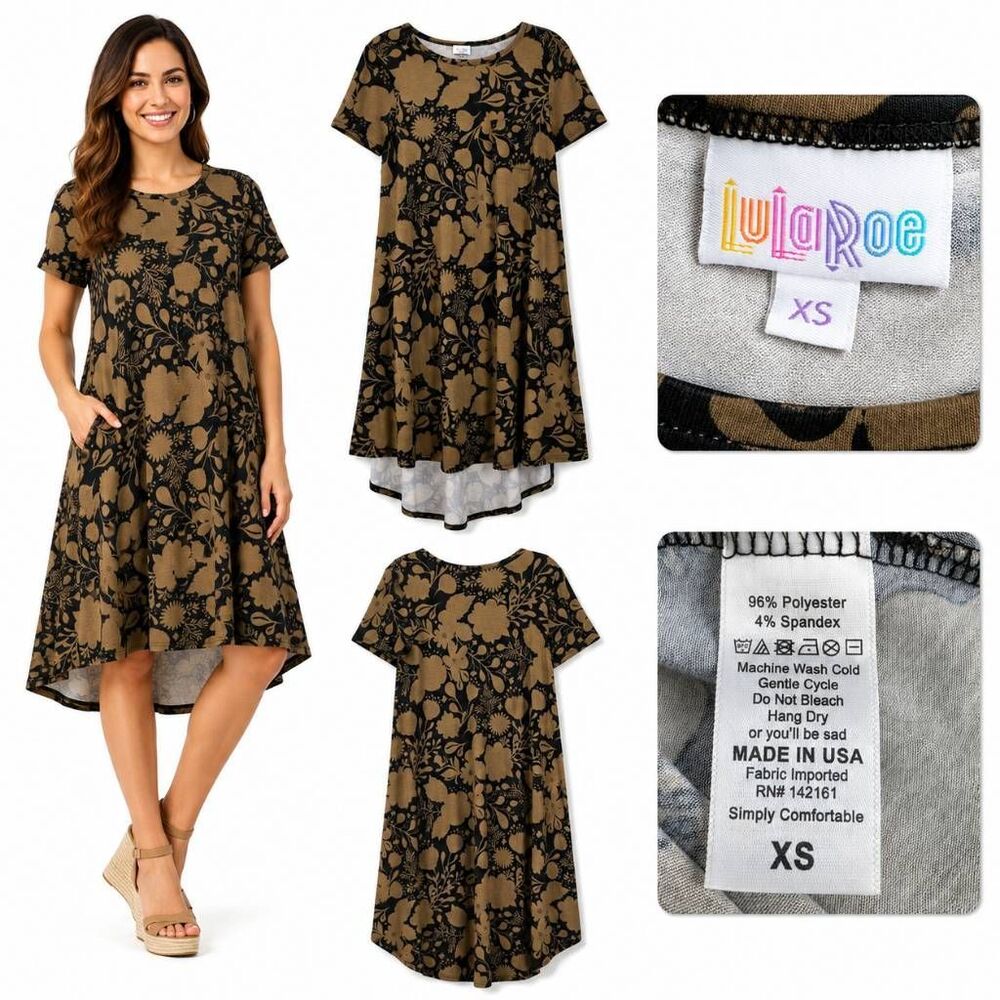 LuLaRoe Carly Dress XS Olive Black Floral Hi-Low